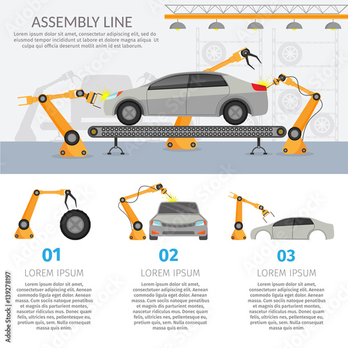 Automation abstract robotic assembly line car set flat isolated vector illustration background