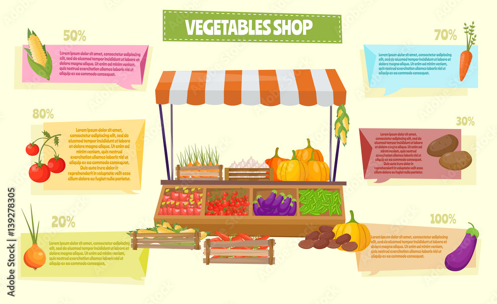 Cartoon stall Farm market fruit shop infographic elements. Modern flat  style fresh vegetables vector illustration. Stock Vector | Adobe Stock