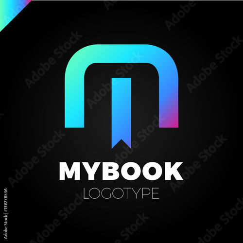 Letter M logo with bookmark and book symbol icon design template elements