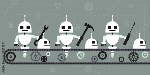 Robots building robots on a production line, EPS 8 vector illustration