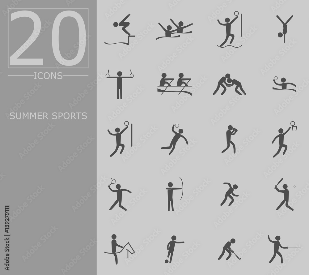 eps 10 vector set of summer sport icons. Silhouette sport signs collection. Indoor and outdoor activities, single and team sport included. Graphic illustration clip art for design, mobile, web, print eps 10 vector set of summer sport icons. Silhouette sport signs collection. Indoor and outdoor activities, single and team sport included. Graphic illustration clip art for design, mobile, web, print