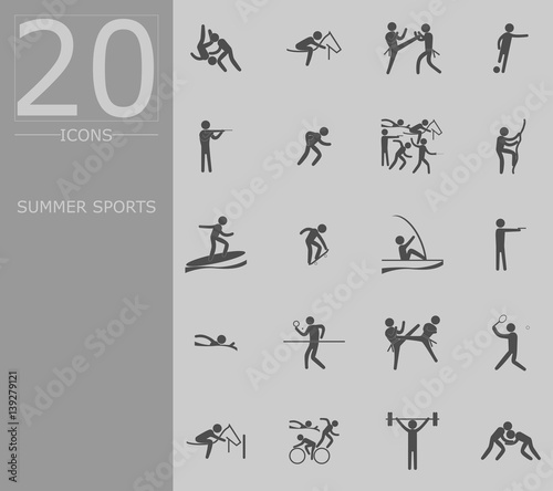 eps 10 vector set of summer sport icons. Silhouette sport signs collection. Indoor and outdoor activities, single and team sport included. Graphic illustration clip art for design, mobile, web, print
