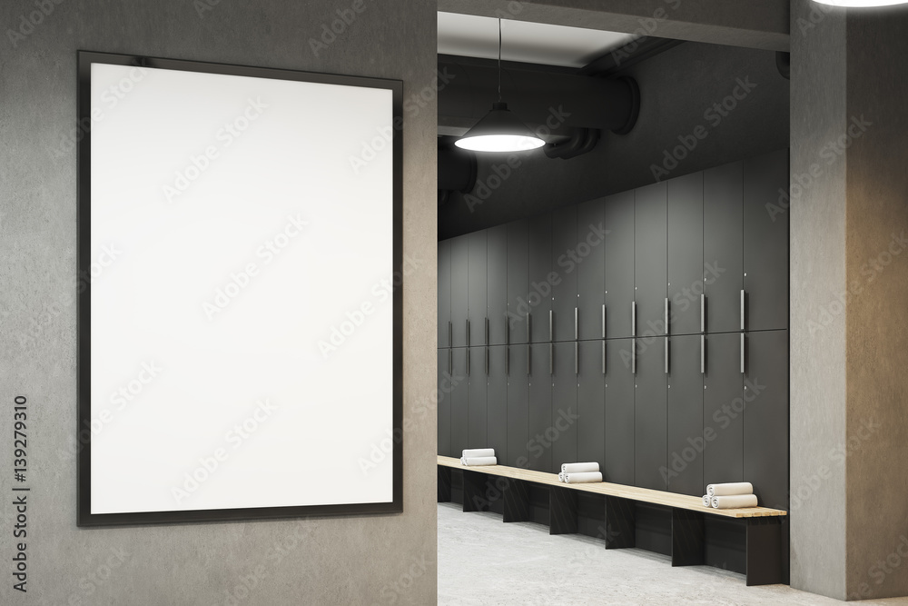 Modern locker room with bench and poster Modern locker room with bench and poster