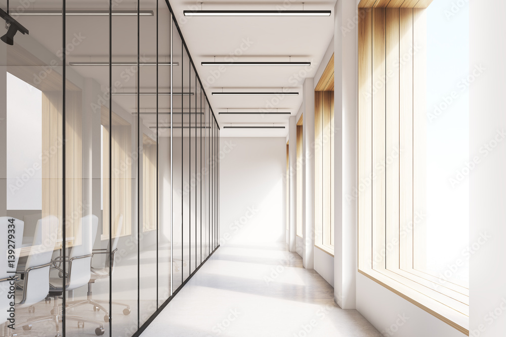 Obraz premium Front view of office corridor, glass, poster