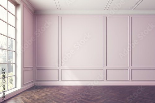 Empty pinkish room interior, window