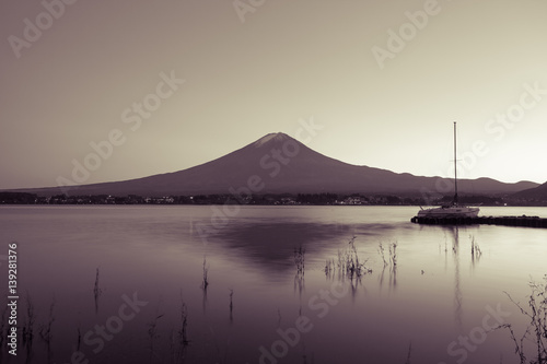 Mountain Fuji and Kawaguchiko lake in evening autumn season photo