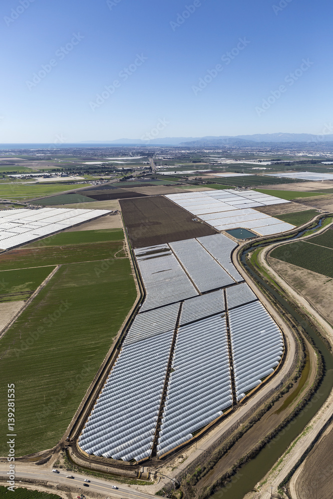 Fototapeta premium Aerial view of farm fields near Oxnard and Camarillo, California.