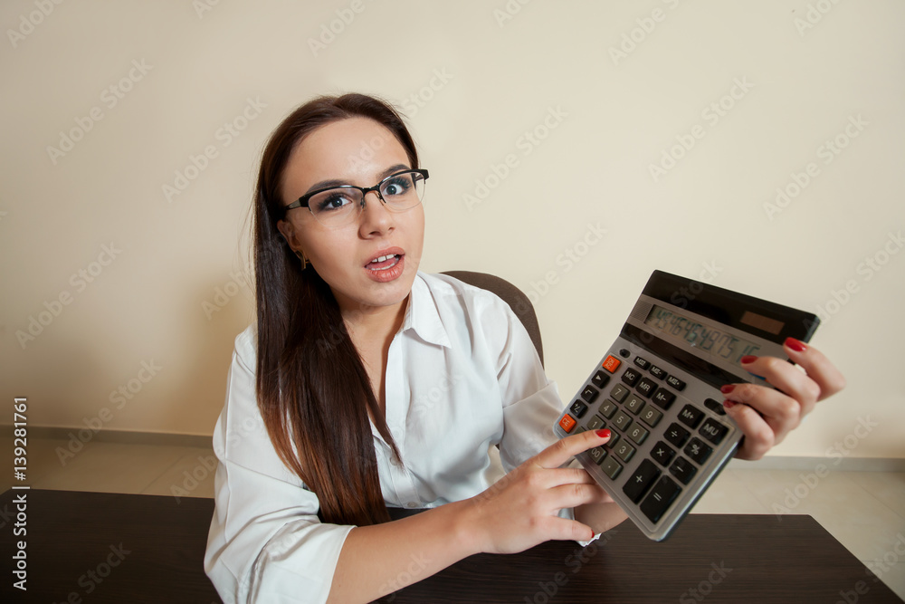 Smiling female bookkeeper has reduced balance Smiling female bookkeeper has reduced balance