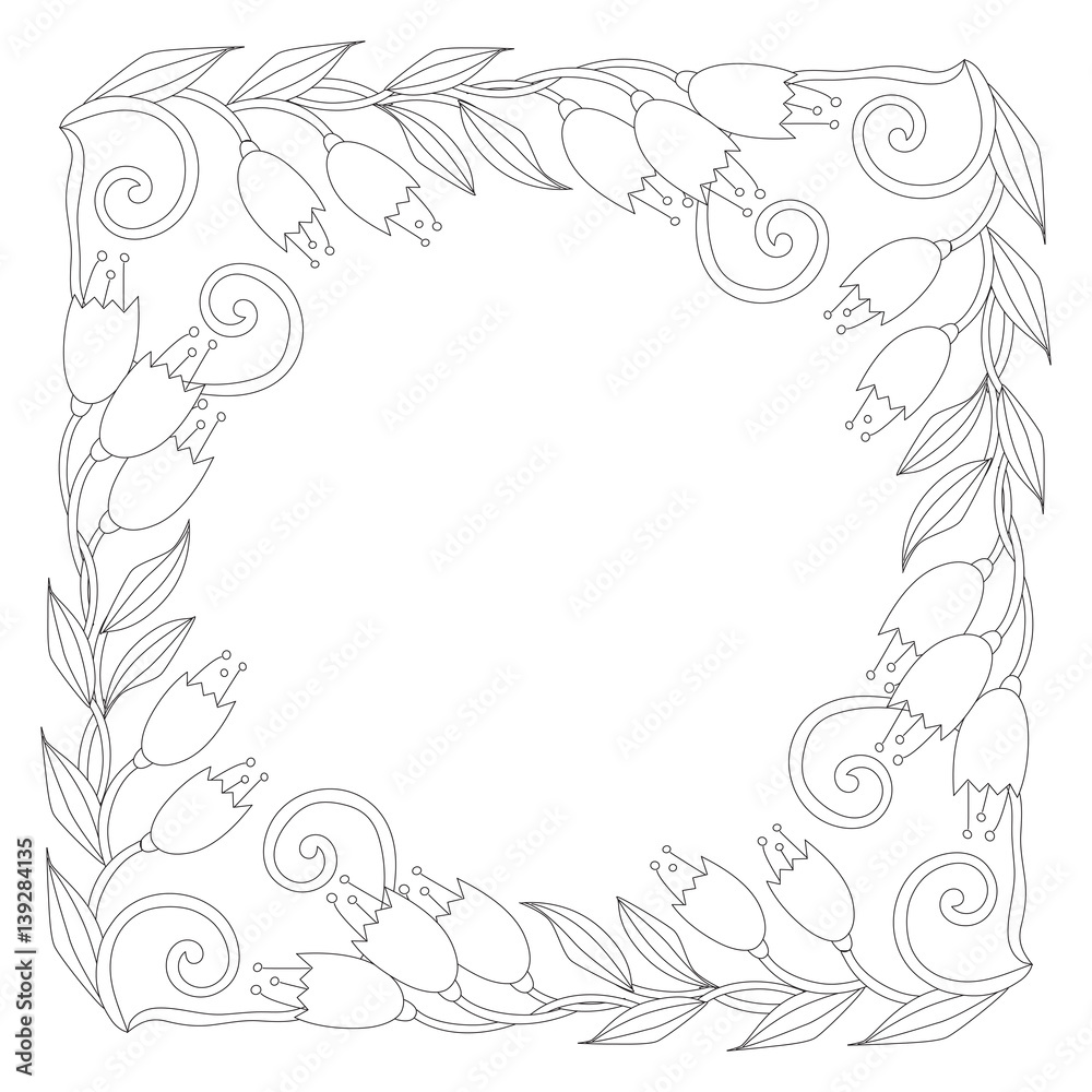 Coloring page with vintage flowers. Black and white. Handrawn ornament.