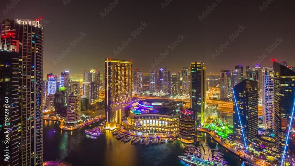 night dubai city famous marina hotel mall rooftop panorama 4k time lapse uae
