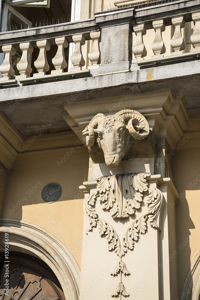 Rams Head architectural detail in the Market Square of Krakow Poland