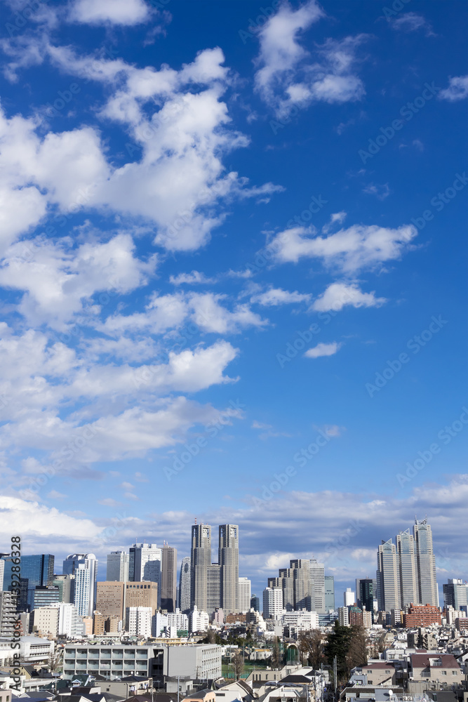 東京都市風景　新宿高層ビル群　快晴青空と白い雲