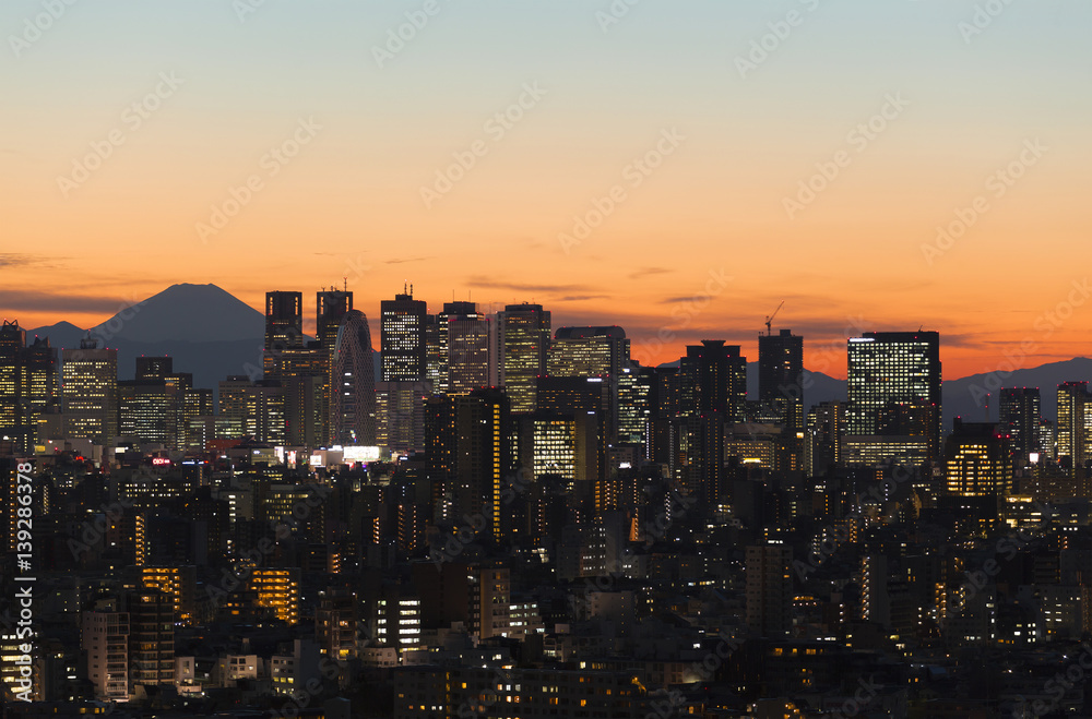 富士山と新宿高層ビル群　日没　夕日　夕焼け　夕景　トワイライト　シルエット　2017年