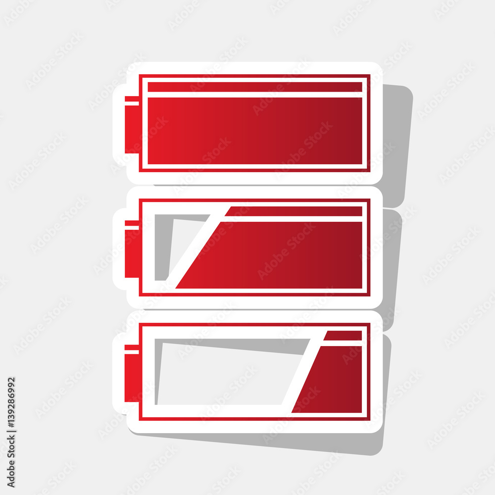 Set of battery charge level indicators. Vector. New year reddish icon with outside stroke and gray shadow on light gray background. Set of battery charge level indicators. Vector. New year reddish icon with outside stroke and gray shadow on light gray background.