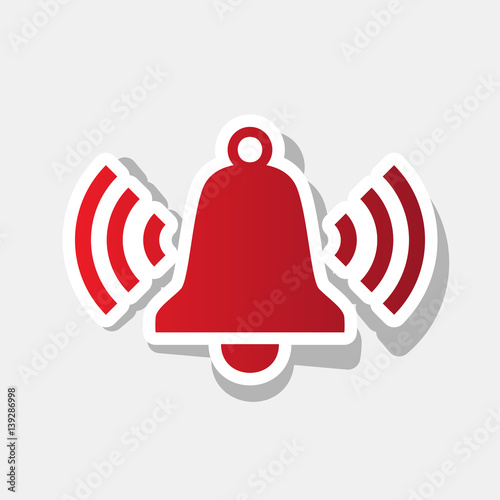 Ringing bell icon. Vector. New year reddish icon with outside stroke and gray shadow on light gray background.