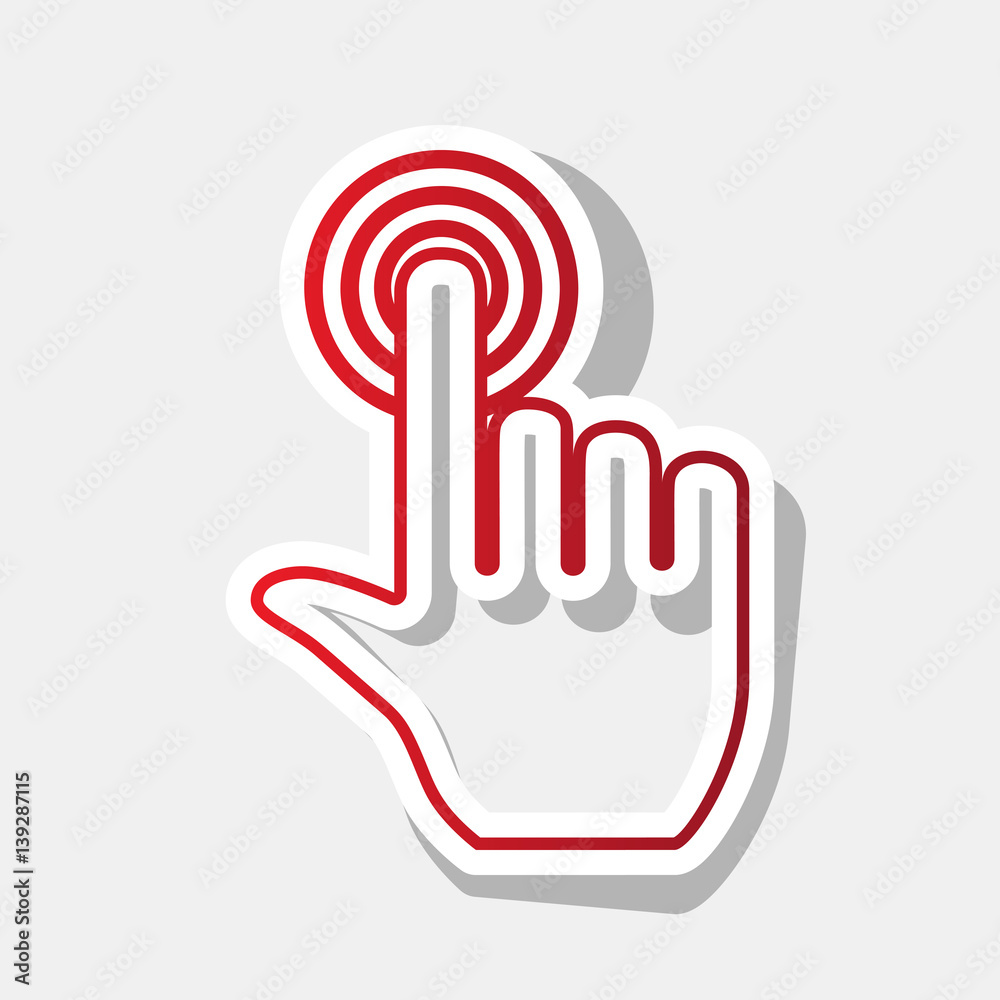 Hand click on button. Vector. New year reddish icon with outside stroke and gray shadow on light gray background. Hand click on button. Vector. New year reddish icon with outside stroke and gray shadow on light gray background.