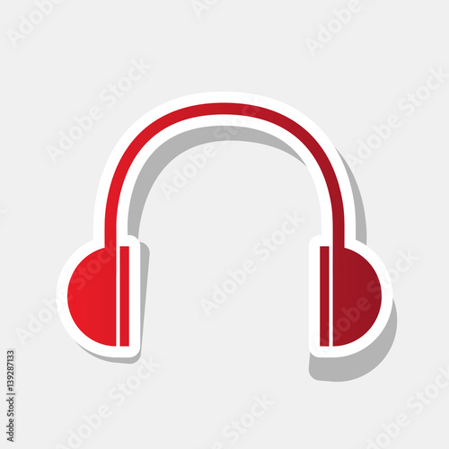 Headphones sign illustration. Vector. New year reddish icon with outside stroke and gray shadow on light gray background.