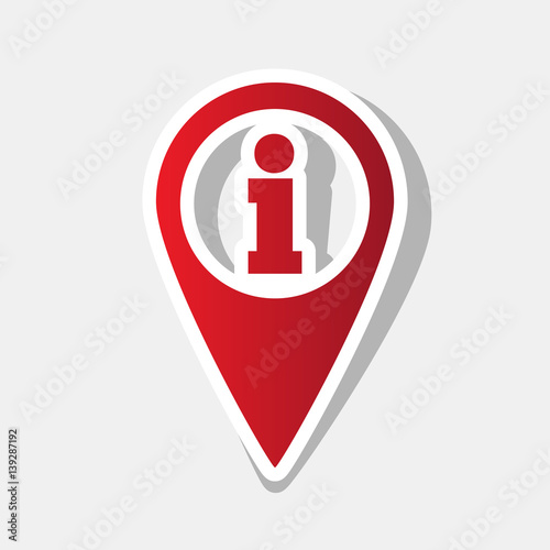 Map pointer with information sign. Vector. New year reddish icon with outside stroke and gray shadow on light gray background.