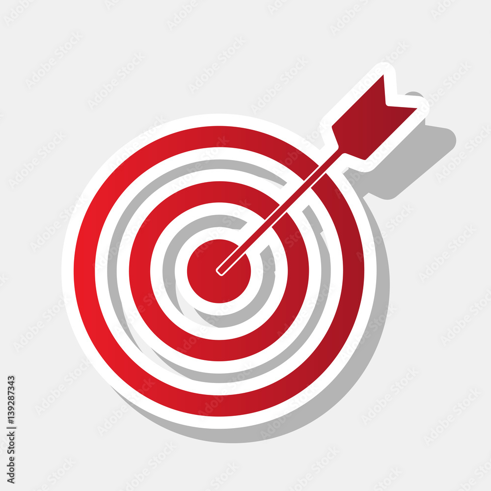 Target with dart. Vector. New year reddish icon with outside stroke and gray shadow on light gray background. Target with dart. Vector. New year reddish icon with outside stroke and gray shadow on light gray background.