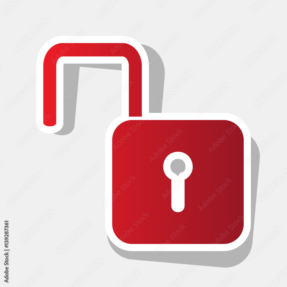Unlock sign illustration. Vector. New year reddish icon with outside stroke and gray shadow on light gray background. Unlock sign illustration. Vector. New year reddish icon with outside stroke and gray shadow on light gray background.