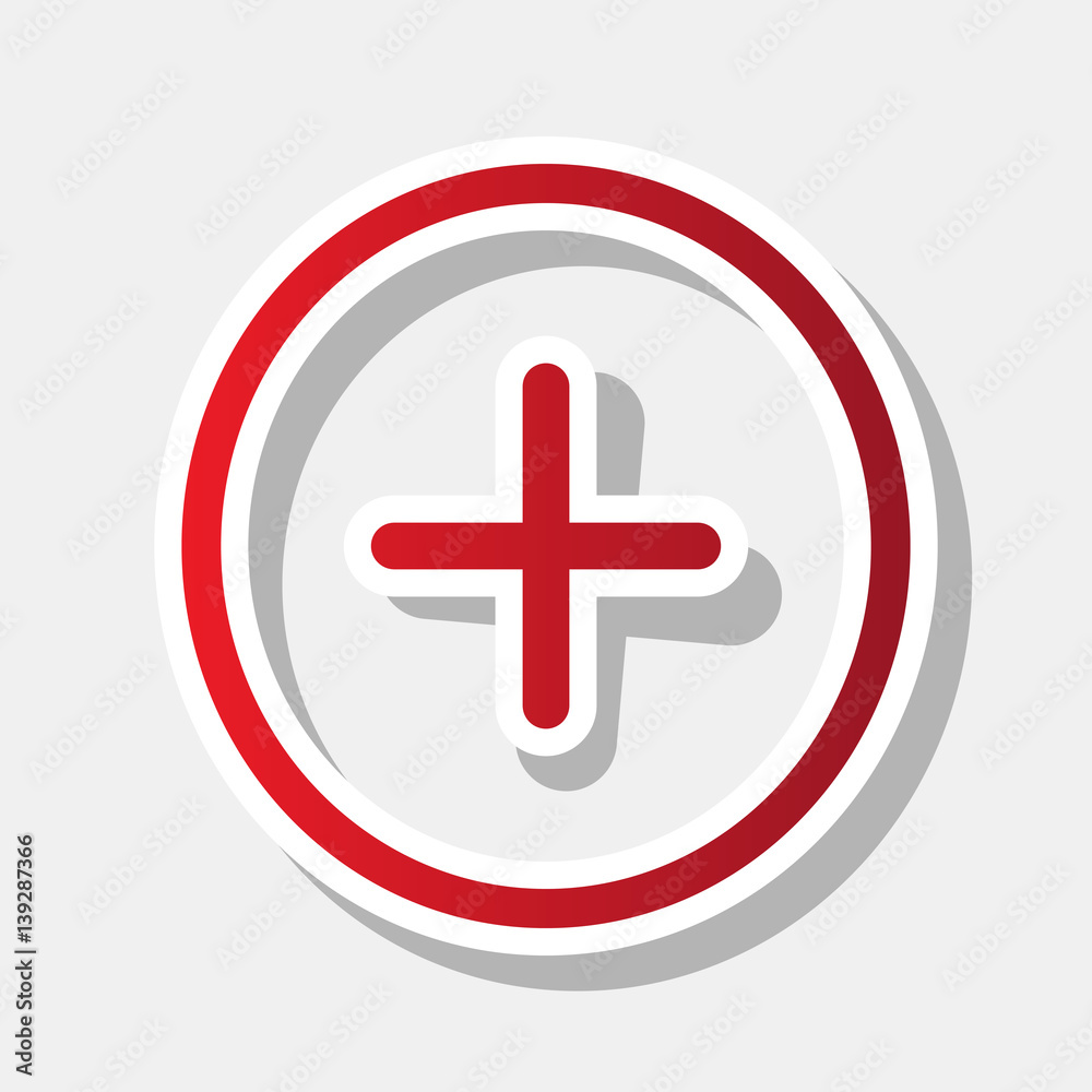 Positive symbol plus sign. Vector. New year reddish icon with outside stroke and gray shadow on light gray background. Positive symbol plus sign. Vector. New year reddish icon with outside stroke and gray shadow on light gray background.