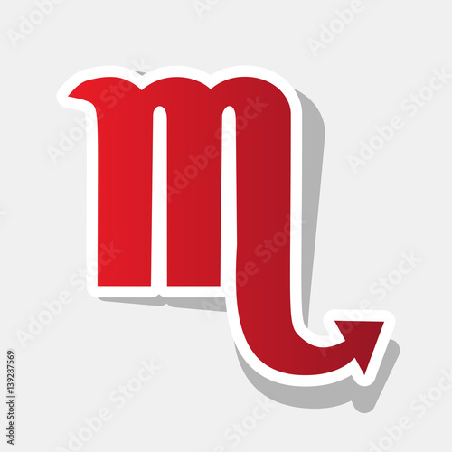 Scorpio sign illustration. Vector. New year reddish icon with outside stroke and gray shadow on light gray background.