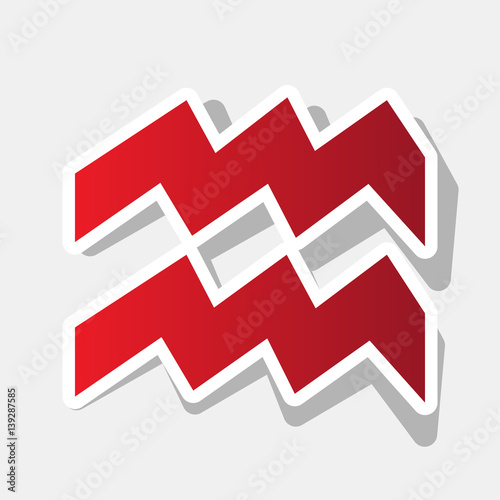 Aquarius sign illustration. Vector. New year reddish icon with outside stroke and gray shadow on light gray background.