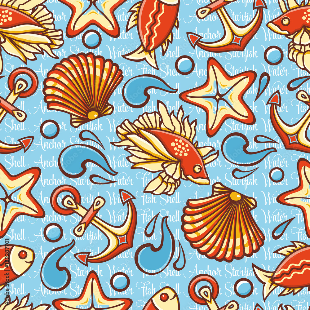 Marine seamless pattern with colorful figures. Fish and tools. Sea and river inh