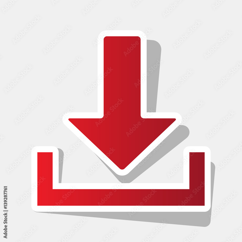 Download sign illustration. Vector. New year reddish icon with outside stroke and gray shadow on light gray background. Download sign illustration. Vector. New year reddish icon with outside stroke and gray shadow on light gray background.