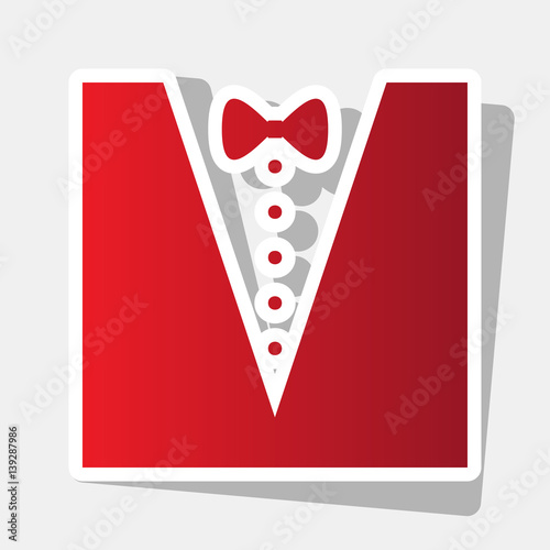 Tuxedo with bow silhouette. Vector. New year reddish icon with outside stroke and gray shadow on light gray background.