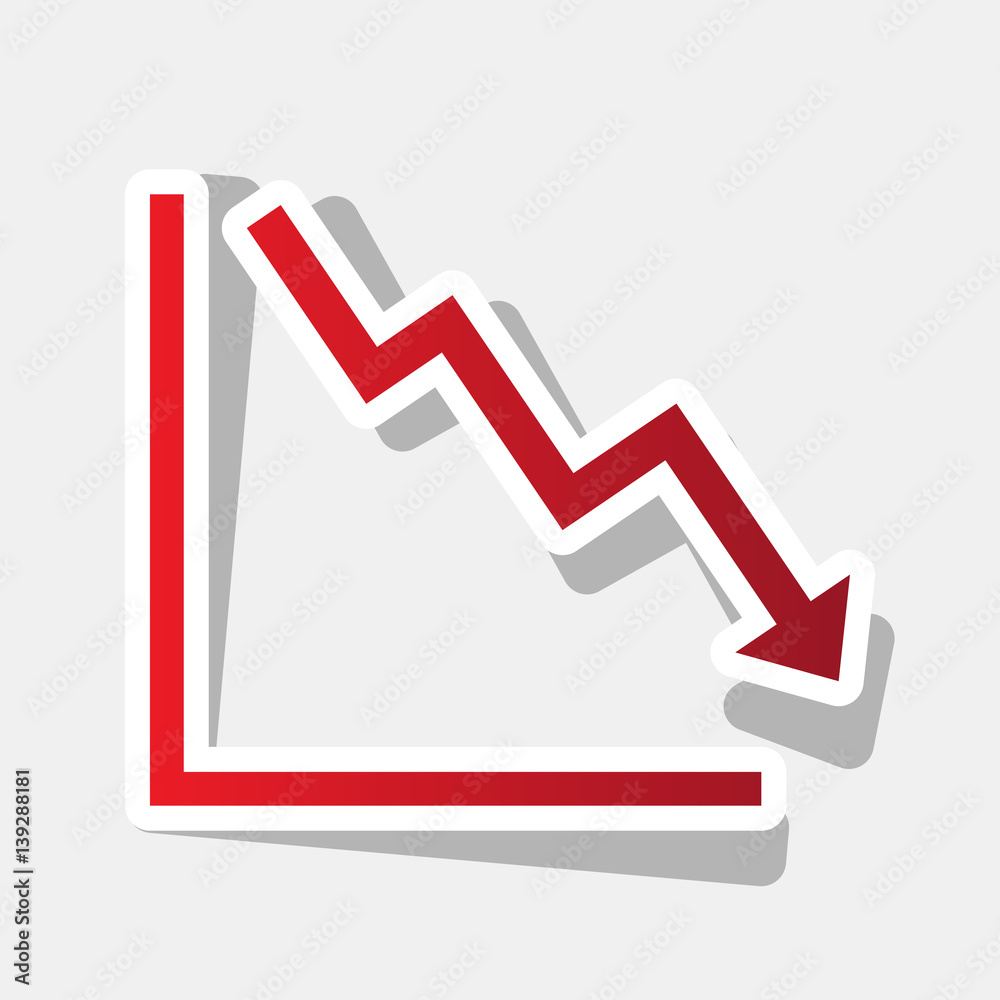 Arrow pointing downwards showing crisis. Vector. New year reddish icon with outside stroke and gray shadow on light gray background. Arrow pointing downwards showing crisis. Vector. New year reddish icon with outside stroke and gray shadow on light gray background.