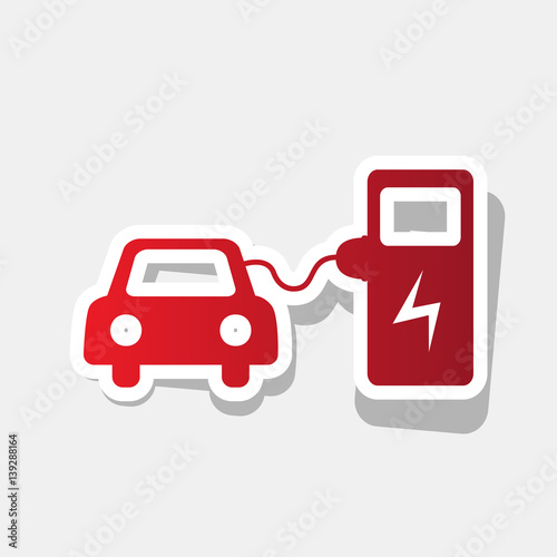 Electric car battery charging sign. Vector. New year reddish icon with outside stroke and gray shadow on light gray background.