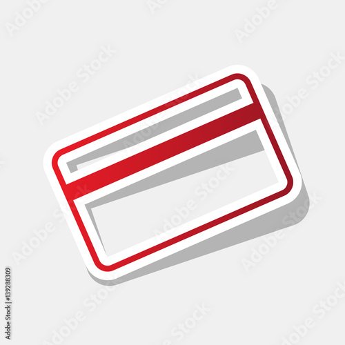 Credit card symbol for download. Vector. New year reddish icon with outside stroke and gray shadow on light gray background.
