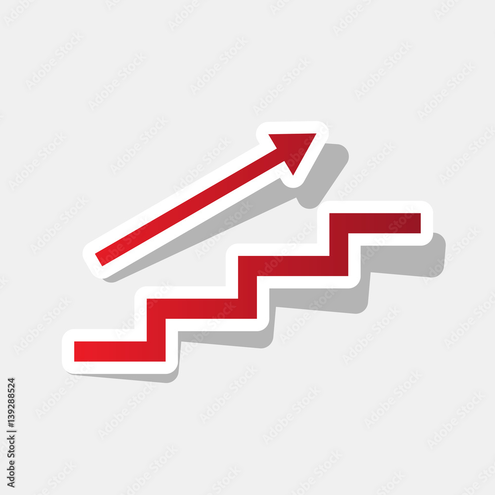 Stair with arrow. Vector. New year reddish icon with outside stroke and gray shadow on light gray background. Stair with arrow. Vector. New year reddish icon with outside stroke and gray shadow on light gray background.