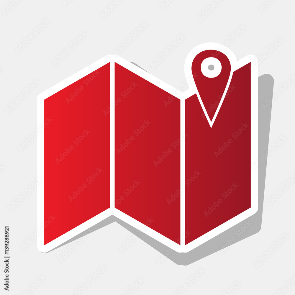 Pin on the map. Vector. New year reddish icon with outside stroke and gray shadow on light gray background. Pin on the map. Vector. New year reddish icon with outside stroke and gray shadow on light gray background.