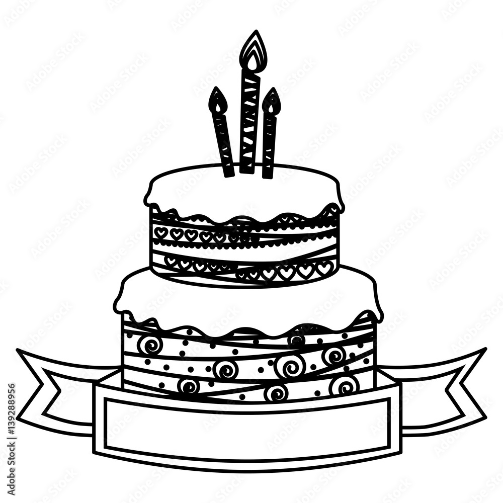 sketch silhouette birthday cake two floors with candles and ribbon vector illustration sketch silhouette birthday cake two floors with candles and ribbon vector illustration