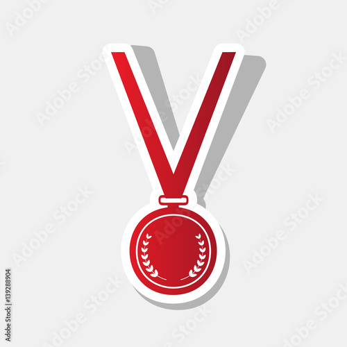 Medal simple sign. Vector. New year reddish icon with outside stroke and gray shadow on light gray background.