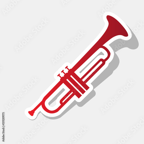 Musical instrument Trumpet sign. Vector. New year reddish icon with outside stroke and gray shadow on light gray background.