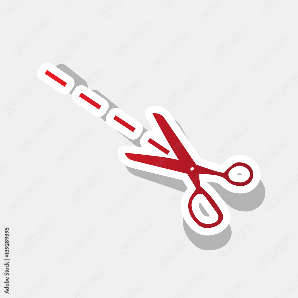 Scissors sign illustration. Vector. New year reddish icon with outside stroke and gray shadow on light gray background. Scissors sign illustration. Vector. New year reddish icon with outside stroke and gray shadow on light gray background.