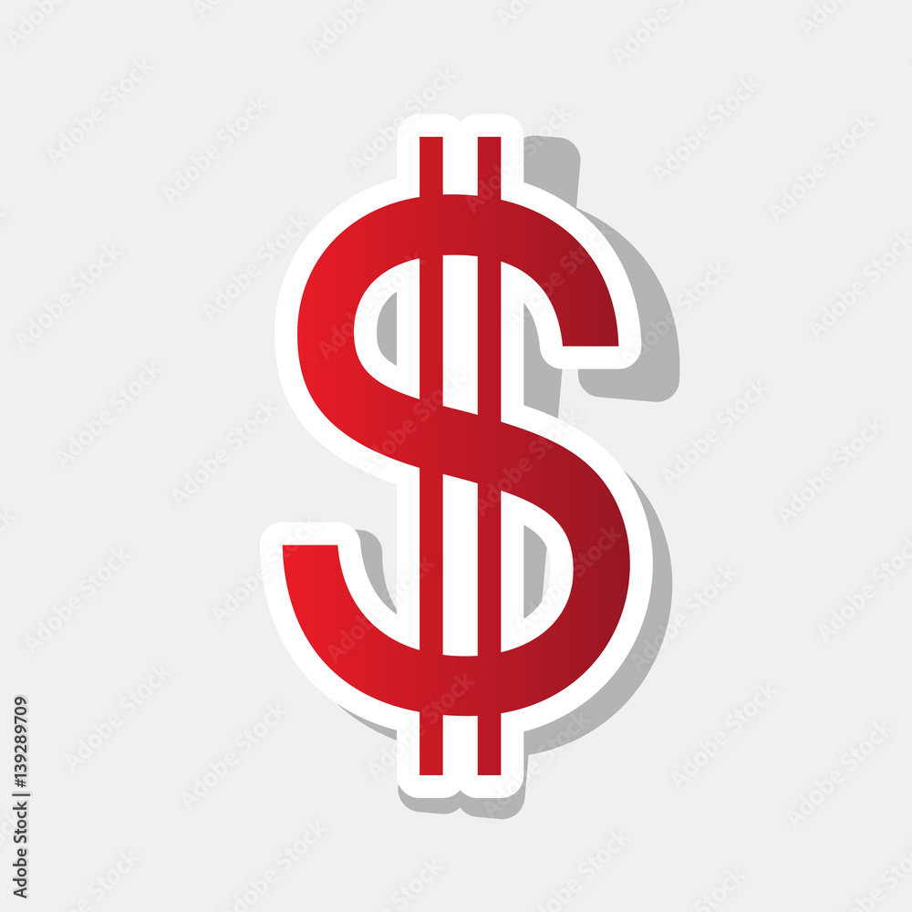 United states Dollar sign. Vector. New year reddish icon with outside stroke and gray shadow on light gray background. United states Dollar sign. Vector. New year reddish icon with outside stroke and gray shadow on light gray background.