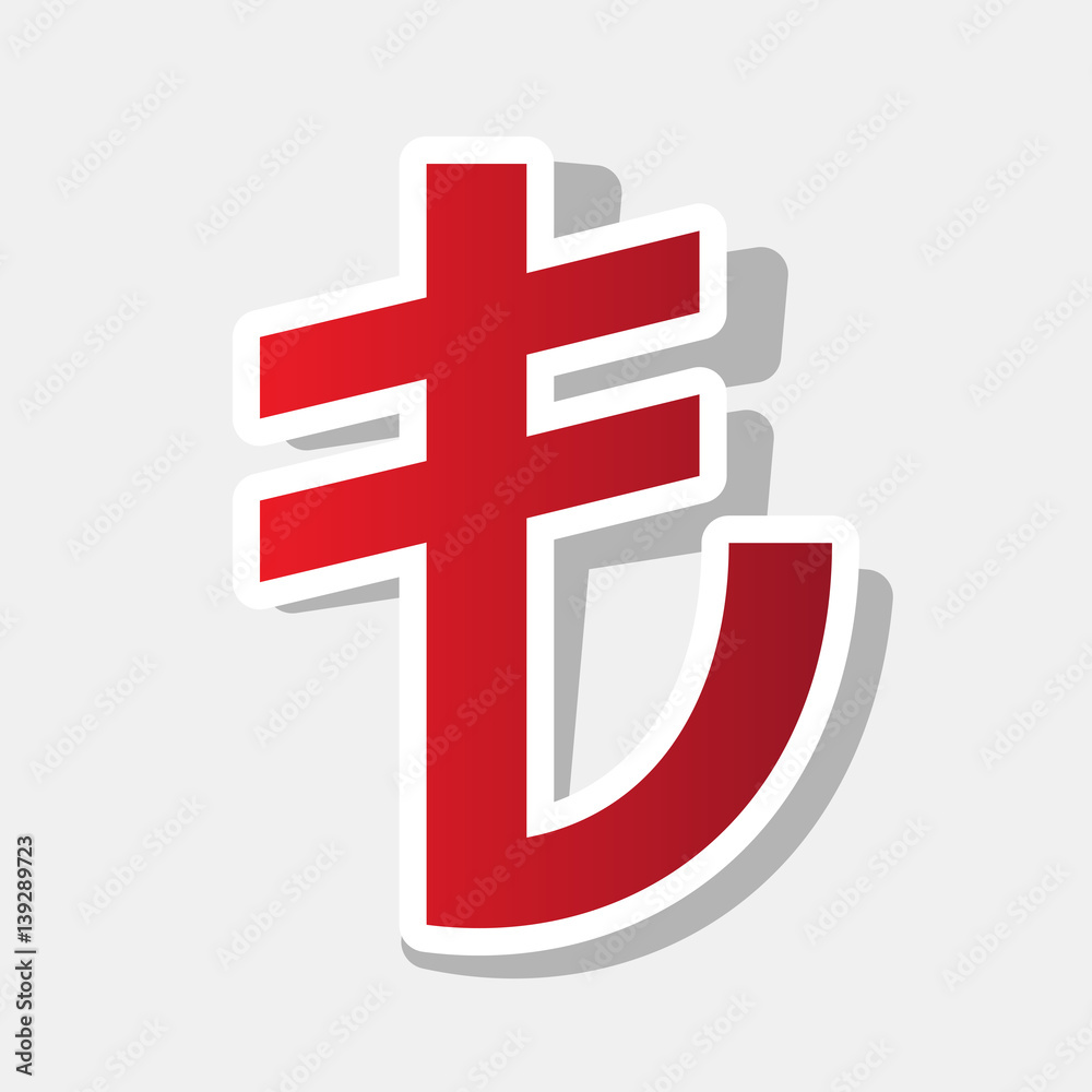Turkiey Lira sign. Vector. New year reddish icon with outside stroke and gray shadow on light gray background.