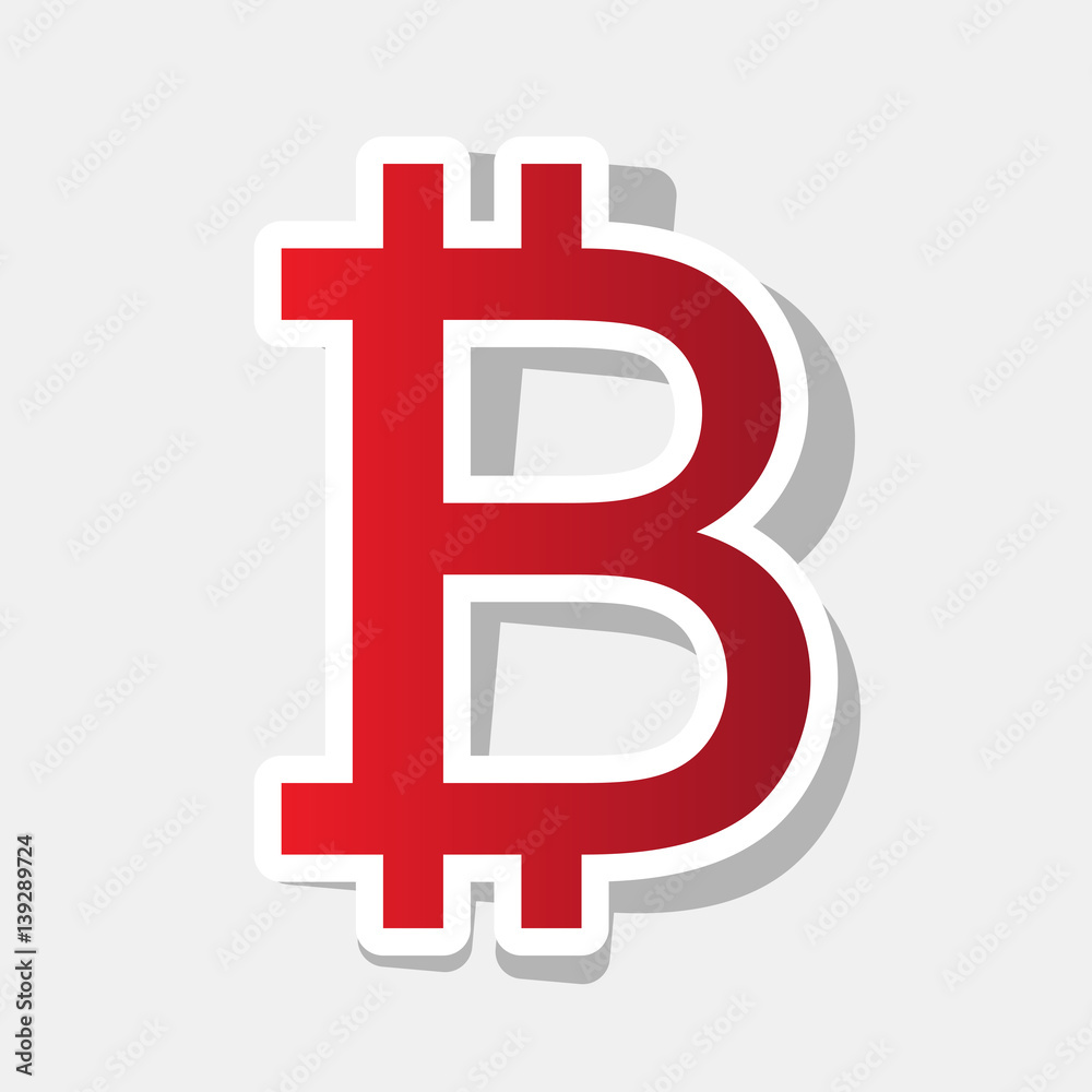 Bitcoin sign. Vector. New year reddish icon with outside stroke and gray shadow on light gray background. Bitcoin sign. Vector. New year reddish icon with outside stroke and gray shadow on light gray background.