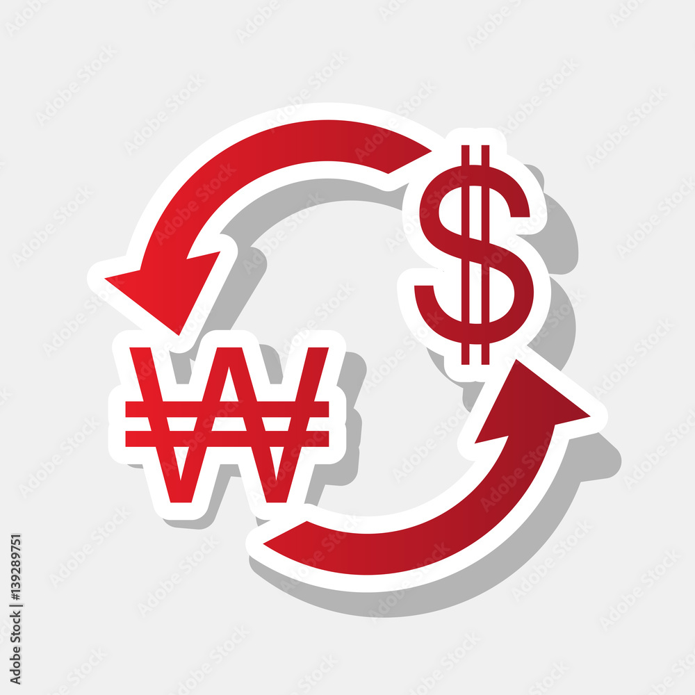 Currency exchange sign. South Korea Won and US Dollar. Vector. New year reddish icon with outside stroke and gray shadow on light gray background. Currency exchange sign. South Korea Won and US Dollar. Vector. New year reddish icon with outside stroke and gray shadow on light gray background.