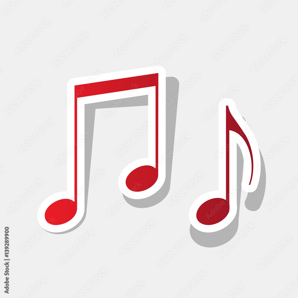Music notes sign. Vector. New year reddish icon with outside stroke and gray shadow on light gray background. Music notes sign. Vector. New year reddish icon with outside stroke and gray shadow on light gray background.