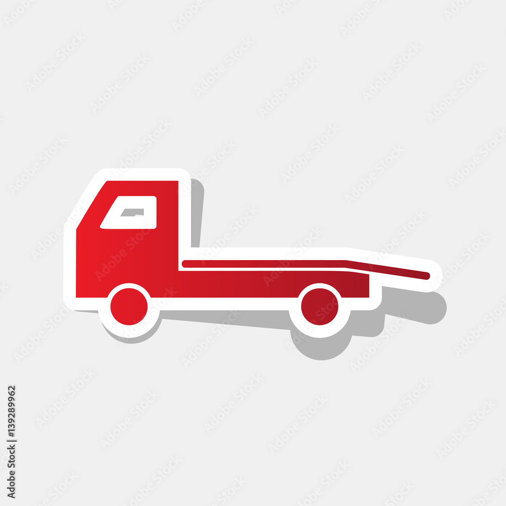 Service of evacuation sign. Wrecking car side. Car evacuator. Vehicle towing. Vector. New year reddish icon with outside stroke and gray shadow on light gray background. Service of evacuation sign. Wrecking car side. Car evacuator. Vehicle towing. Vector. New year reddish icon with outside stroke and gray shadow on light gray background.