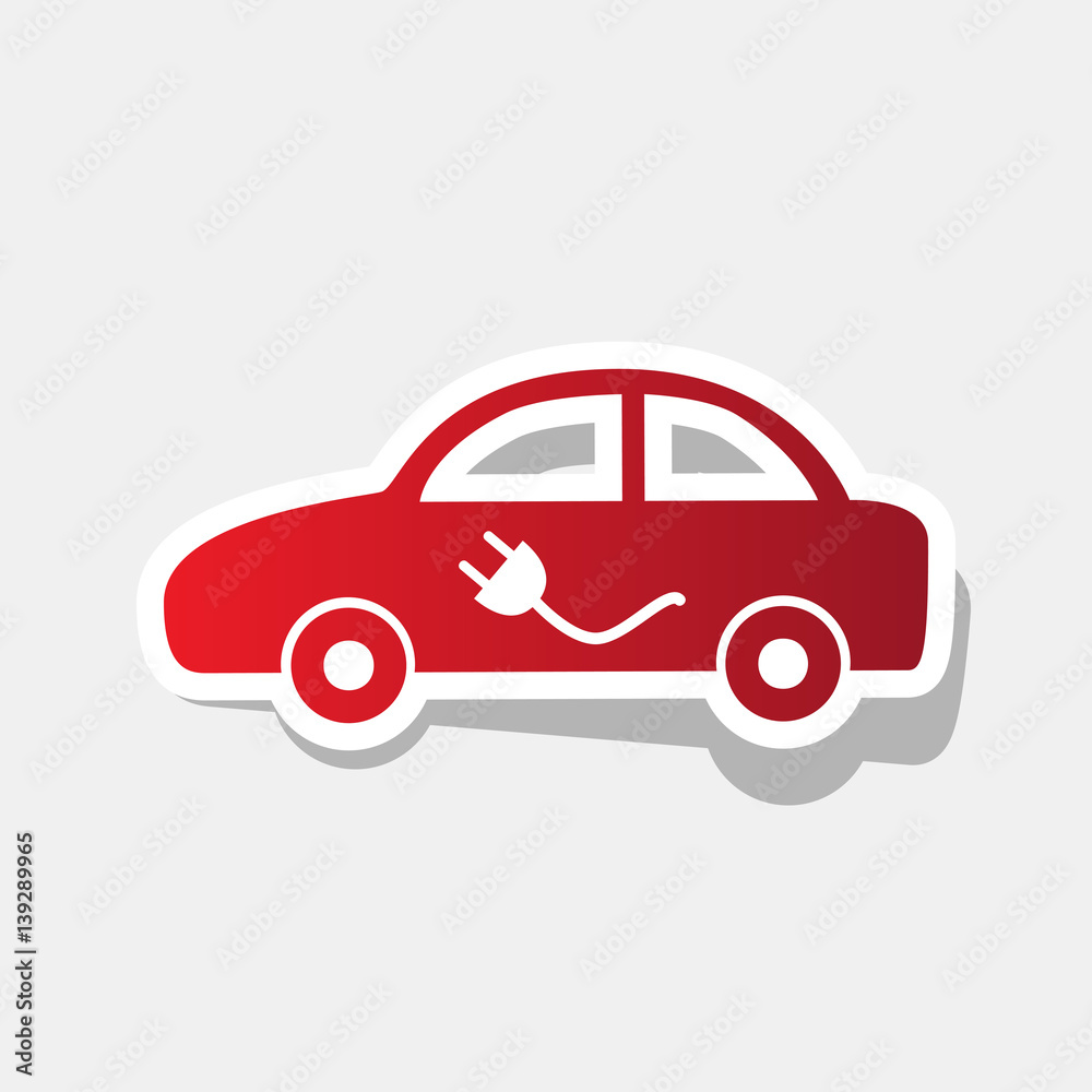 Electric car sign. Vector. New year reddish icon with outside stroke and gray shadow on light gray background.