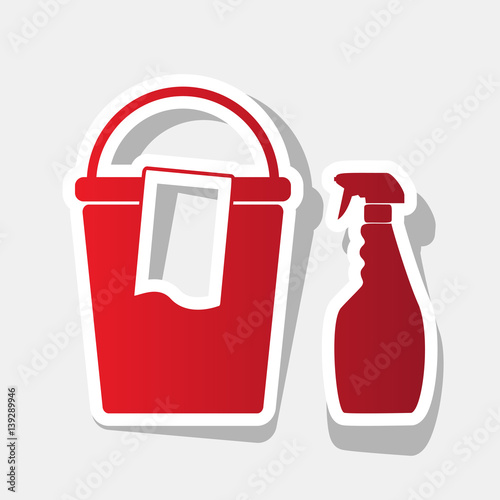 Bucket and a rag with Household chemical bottles. Vector. New year reddish icon with outside stroke and gray shadow on light gray background.