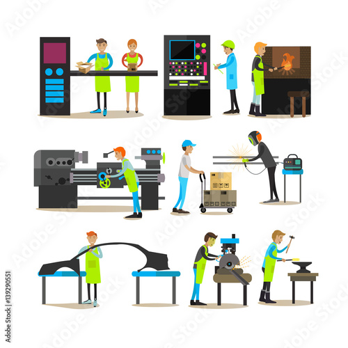 Vector flat icons set of factory production workers