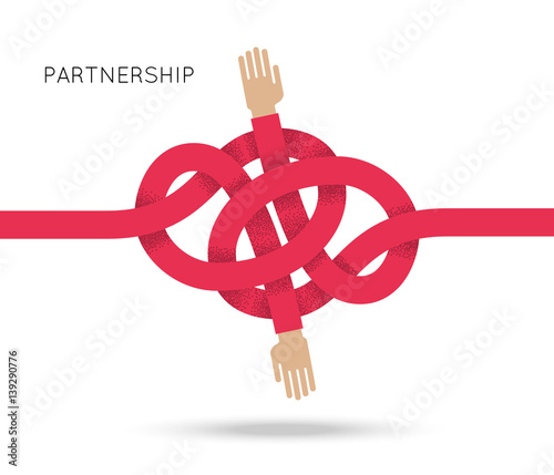 Symbol of business cooperation and partnership, sign of agreement or friendship. Vector concept illustration with couple of hand and knot of red rope. Design element for logo, icon and emblem