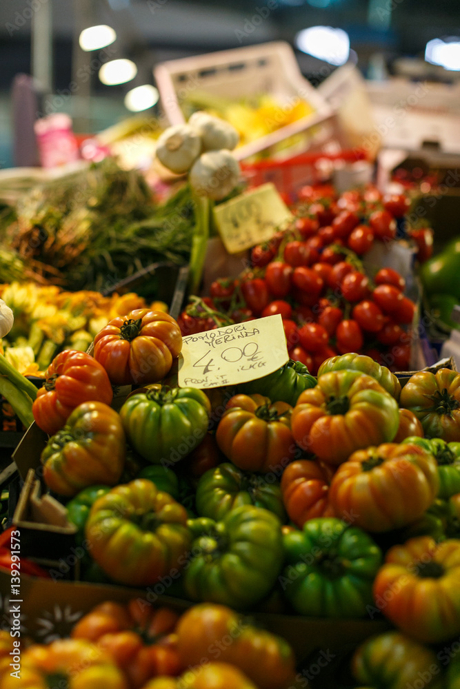 Tomatos for sale at Mercato Centrale in Florence, Italy.